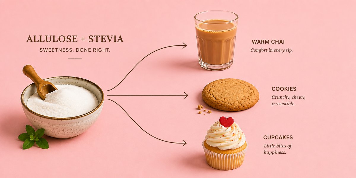 Allulose and stevia sweetener, sweetness done right, used in chai, cookies, and cupcakes